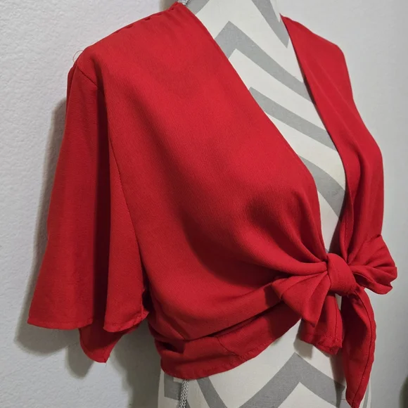 Windsor Red Tie Front Top Short Sleeves Size Large - Picture 4 of 15